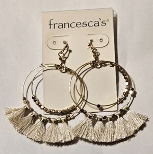 Francesca's Collections Gold Tone Boho Hoop Earrings with Cream Tassels